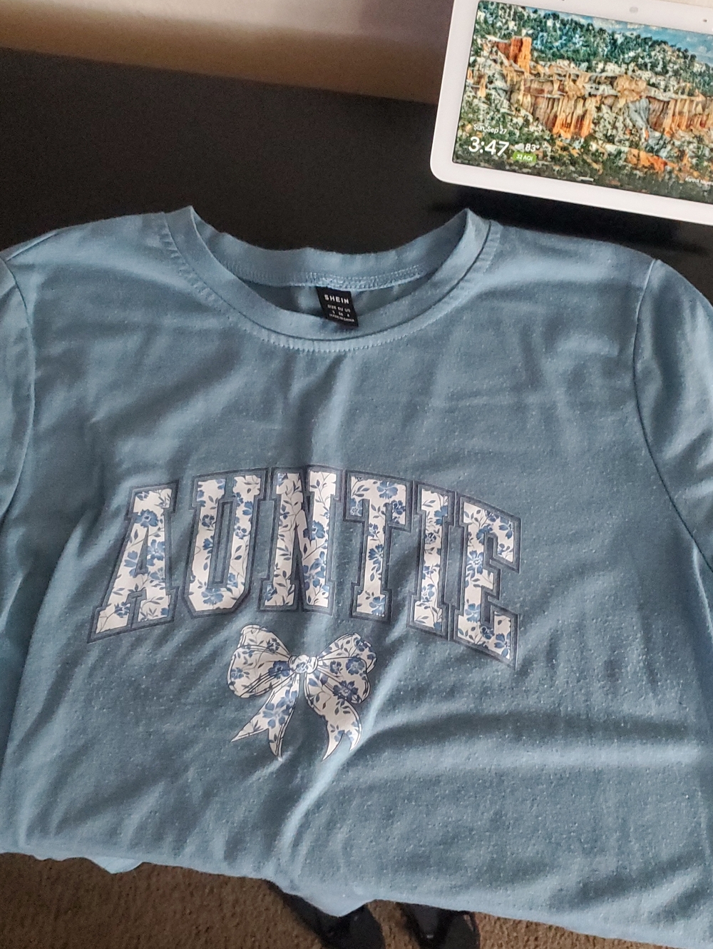 SHEIN Light Blue 'AUNTIE' Floral Logo Tee with Bow
